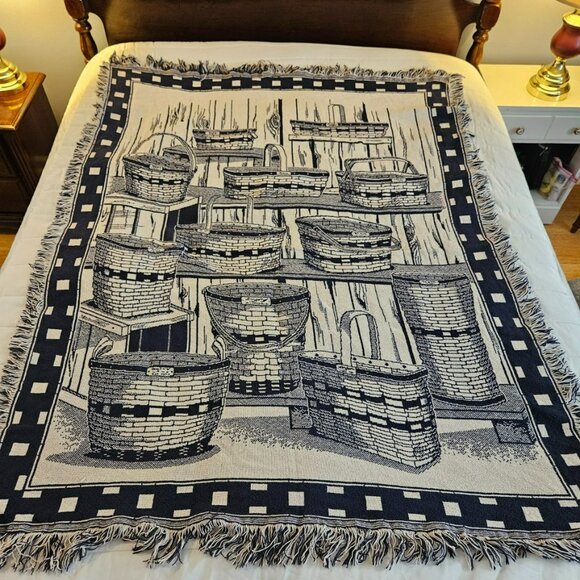Longaberger J.W. Basket Throw Leaders Blanket Blue White 46”x65” Cotton - Picture 1 of 10